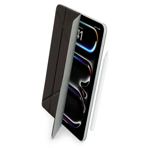 Hülle mit faltbarem Origami-Deckel, außen schwarz und innen grau, auf dem iPad teilweise geöffnet, mit schlankem Profil und seitlich befestigtem Stift.