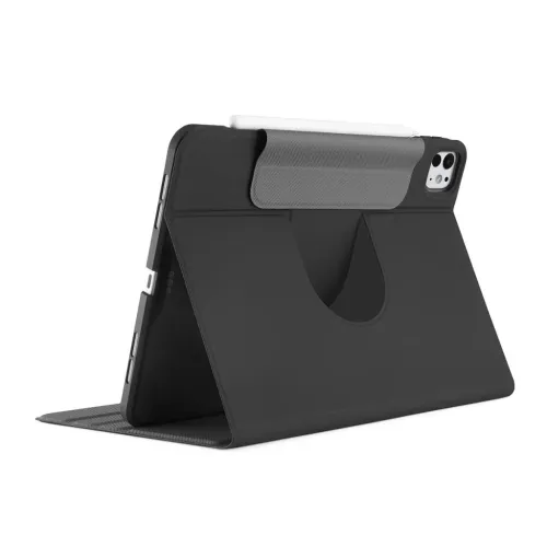 Schwarzes Folio-Case für iPad Pro 13 mit Querformat-Ständer, Kameraaussparung, Tastenöffnungen und Stifthalterung oben