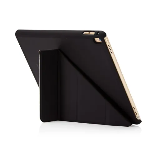 Origami-Hülle für iPad 9.7 in Schwarz, wie ein Ständer faltbar; Aussparungen für Kamera, Lautstärketasten, Lautsprecher und Ladeanschluss.