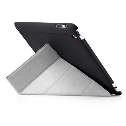 iPad-Hülle mit schwarzer Rückseite und grauer Origami-Abdeckung, die sich zu einem dreieckigen Standfuß falten lässt; Aussparungen für Kamera, Kopfhöreranschluss und Tasten.