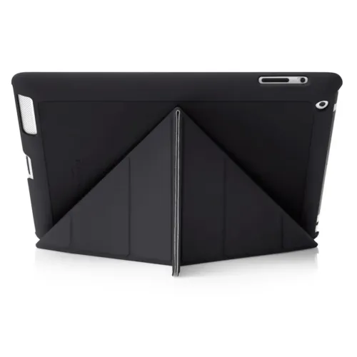 Schwarzes iPad-Case mit Origami-Standfunktion, von hinten gezeigt; dreieckig gefaltete Abdeckung und präzise Aussparungen für Kamera und Lautsprecher.