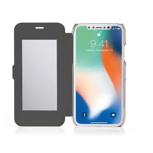Slim Wallet Mirror-fodral för iPhone XR, svart lock med rektangulär spegel och högtalaröppning, roséguldram runt telefonen.