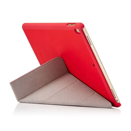 Rødt origami-etui til iPad 10,5", foldet til stander; synlige udskæringer til kamera, knapper og højttalere, slimline.