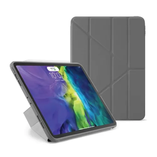 Mørkegråt origami-etui til iPad Pro 11 i supporttilstand, med trekantet front og udskæringer til knapper, højttalere og USB-C.