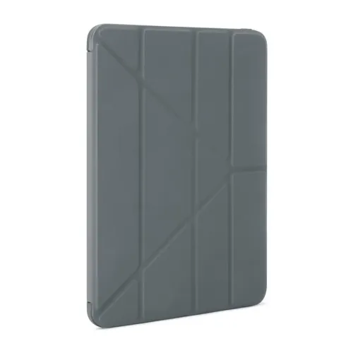 Mörkgrått iPad-fodral med slimmad profil; stängd framsida har diagonala origamiveck och rundade hörn, visat snett bakifrån.