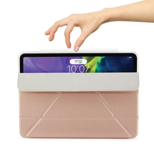 Pipetto iPad Air 4 Origami vāciņš ar salokāmu statīvu rozā zelta krāsā, parādot iPad aizsardzību un skatīšanās leņķus