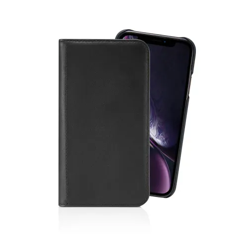 Siledast nahast must folio ümbris iPhone XR-le, mis on eestpoolt suletud, ümardatud nurkade ja telefoni taga oleva õhukese musta kestaga.