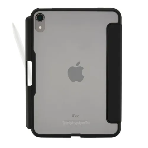 iPad mini 6 Hülle in Schwarz mit transparenter Rückseite, Kameraaussparung oben links und Stifthalterung an der linken Seite rechts.