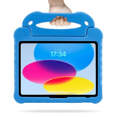 Pipetto iPad-Hülle in Blau mit Tragegriff und 2-in-1-Ständer, dargestellt mit eingesetztem iPad