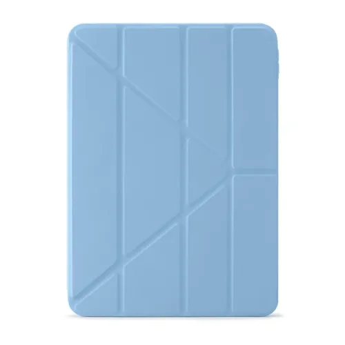 iPad-Hülle in Hellblau mit geometrischen Origami-Faltlinien auf der Vorderseite, abgerundeten Ecken und Kanten, von vorn in geschlossenem Zustand gesehen.