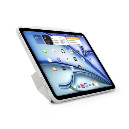 Vikbart Origami-fodral för iPad Air, uppställt i liggande läge med synliga volymknappar och högtalargaller längs kanten.