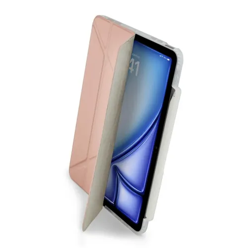 Federmäppchen für iPad Air 13 in Metallic-Pink mit origamifaltbarem Deckel, transparentem Rand und seitlichem Fach für Pencil, teilweise geöffnet.