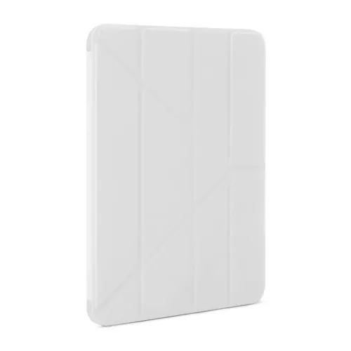 White iPad case with origami-embossed front cover, slim profile and rounded corners, with cut-out along bottom edge for port.