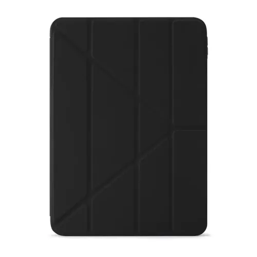 Schwarzes iPad Pro 11 Case mit geometrisch gemusterter Origami-Front, abgerundeten Ecken und seitlichem Ausschnitt für die seitlichen Tasten.