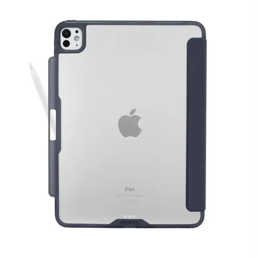 Pipetto Origami No3 Hülle für iPad Pro 11 in Dunkelblau, transparente Rückseite, linke Stiftaufnahme, Aussparungen für Kamera und Tasten.