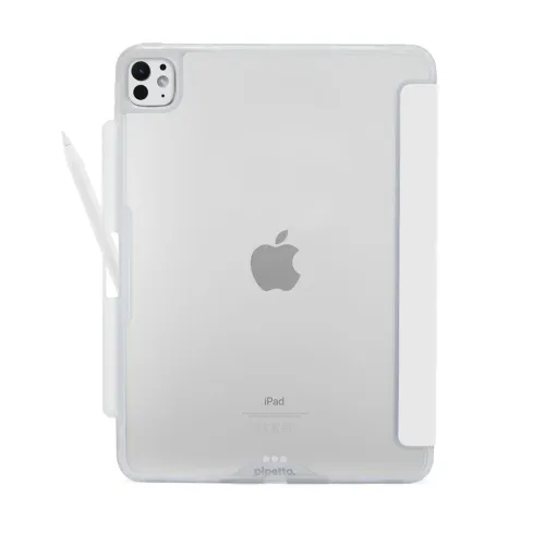 Pipetto Origami No3 Pencil Case für iPad Pro 11, weiße Rückschale mit linkem Stifthalter, Deckel rechts, Kameraausschnitt links.