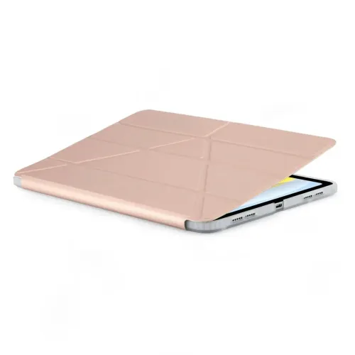 Pipetto Origami No1 iPad-Hülle in Metallic Pink, teilweise geschlossen, mit sichtbaren Faltlinien und Aussparungen für USB-C und Lautsprecher.