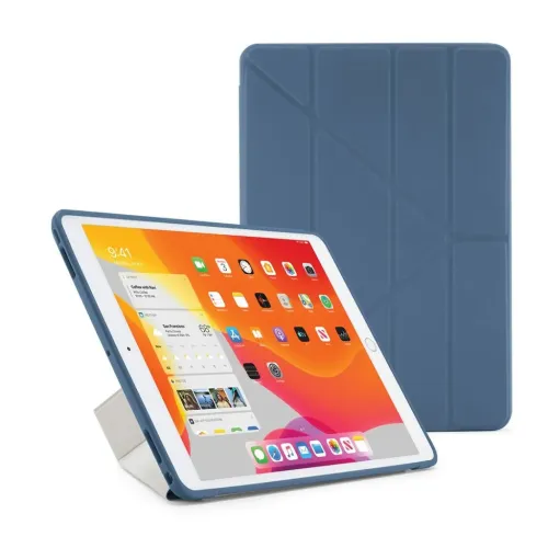 Marineblaues Origami-Case für iPad, eines im Querformat und eines, das die Faltstruktur und Kanten auf der Rückseite zeigt.