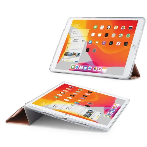 iPad 10,2"-Hülle mit transparenter TPU-Rückseite und Origami-Deckel in Roségold, bietet Halt im Querformat sowohl im Betrachtungs- als auch im Schreibwinkel.