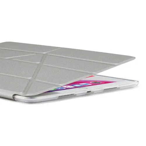 iPad 10,2-Zoll-Hülle mit metallischem Origami-Deckel und transparenter Rückseite, Aussparungen für Lautsprecher und Lightning, schlankes Profil.