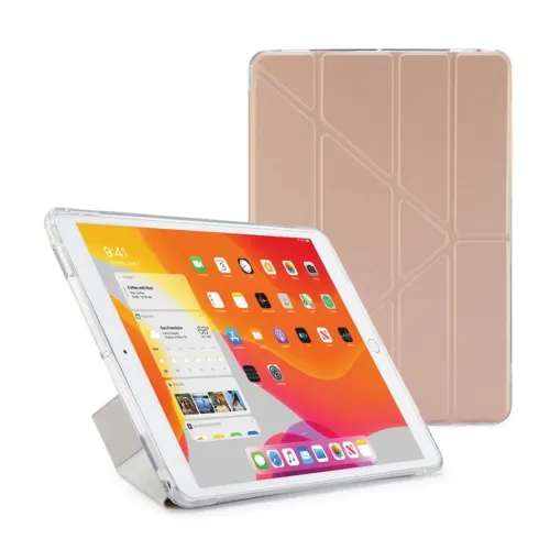 Origami-Hülle in Roségold für iPad 10.2 Zoll, im Querformat durch Falten aufstellbar, mit transparentem Rand und Rückseite.