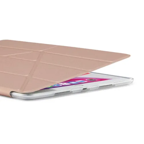 Origami-Case in Roségold für iPad, teilweise geschlossen; transparente Rückseite, Aussparungen für Lightning-Anschluss und Lautsprecher.