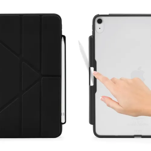 iPad-Hülle in Schwarz mit gefalteter Vorderseite und Seitenfach für den Pencil, Vorder-/Rückansicht, mit Hand, die den Stift herausdrückt.