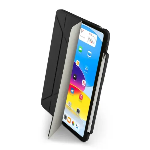 iPad 10,9‑Zoll‑Hülle in Schwarz mit faltbarer Frontabdeckung und seitlich angebrachtem Halter für Apple Pencil, teilweise am Tablet geöffnet.
