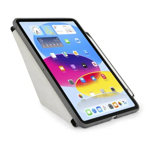 iPad in dunkelgrauem Origami-Case in geneigter Position, mit dreieckiger Stütze, Bildschirmrahmen sowie seitlichem Stifthalter und Tragegriff.