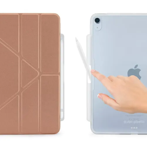 Roségoldenes iPad 10,9"-Case mit gefalteter Front und transparenter Rückseite, ausziehbare seitliche Halterung für Apple Pencil