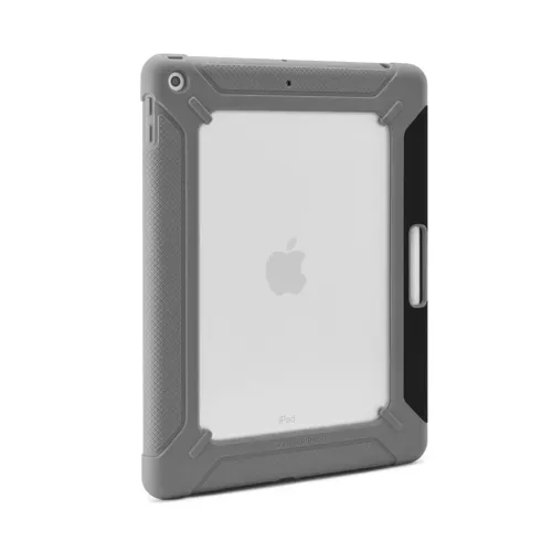 iPad-Hülle mit transparenter Rückseite und grauem Stoßrahmen, Kameraaussparung und seitlich angebrachtem Stifthalter mit schwarzem rechtem Randstift