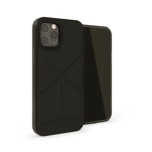 Black Origami Snap Case für iPhone mit gemusterter Rückseite, erhöhtem Rand und Aussparung für die Dreifachkamera an der Vorderseite.