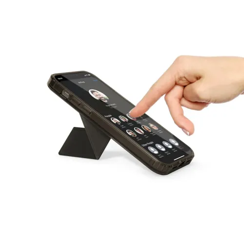 Origami Snap Case für iPhone 12 Pro Max mit schwarzer, dreieckiger Rückseite sowie abgedeckten Tasten und Aussparungen für Lightning-Anschluss und Lautsprecher.