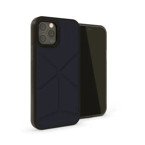 Dunkelblaue iPhone 12 Pro Max Hülle mit geometrischem Muster und erhöhter Kameraleiste mit der Aufschrift PIPETTO LONDON, gezeigt auf zwei Geräten.
