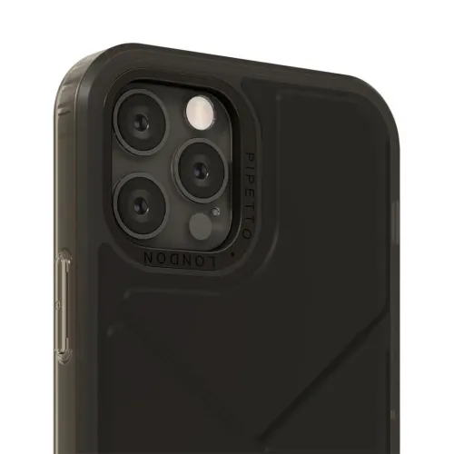 Schwarze iPhone 12 Pro Max Hülle mit erhöhtem Kamerarahmen, geometrischem Muster und Aussparung für die Seitentasten mit Pipetto-Print.