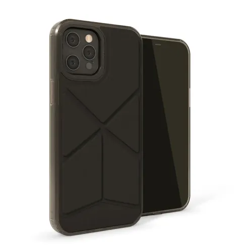 Black Origami iPhone 12 Pro Max Hülle mit geometrisch gemusterter Rückseite, erhöhtem Kamerarahmen und transparenten Kanten.