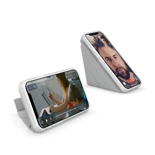 Origami-Folio-Case für iPhone 12 Mini in Grau, gefaltet als Stütze im Quer- und Hochformat, mit smarten Kanten und Seitentasten.