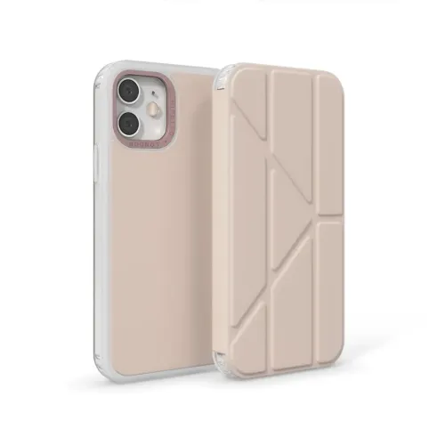 Folio-Hülle für iPhone 12 Mini in hellem Beige mit transparentem Rand, Aussparung für die Kamera und plissierter Vorderseite in Origami-Faltung.