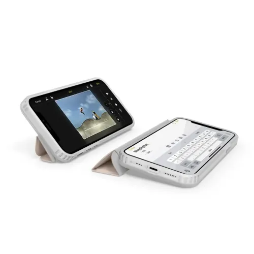 Origami foliofodral som viks till triangulärt stativ och håller telefoner i liggande läge, med vikbar framsida och öppna portar.