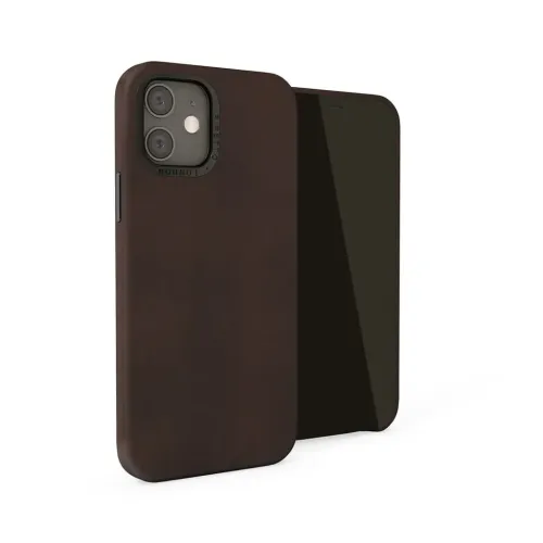 Braunes Leder-Case für iPhone 12 Mini, Vorder- und Rückansicht mit Kameraring sowie Aussparung für zwei Linsen und den Blitz, schlankes Profil.