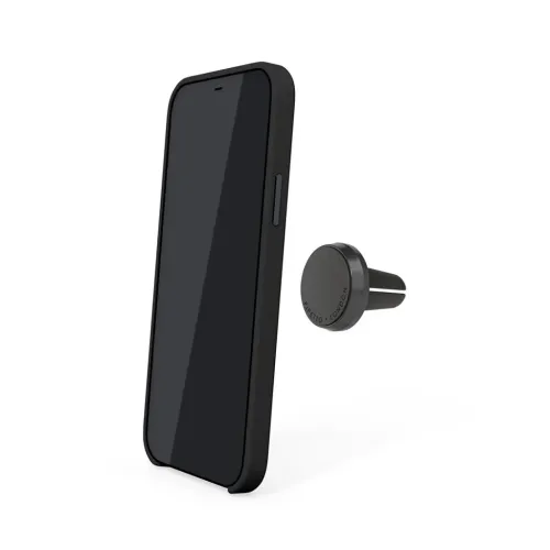Hülle für iPhone 12 Pro Max in Schwarz zeigt das schlanke Profil, neben einer Auto-Ventilhalterung mit Clip vor weißem Hintergrund.