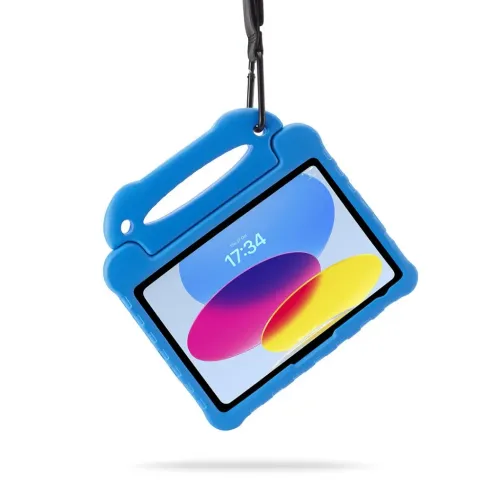 Blaue iPad 10.9"-Hülle mit integriertem Tragegriff, Befestigungsmöglichkeit für einen Trageriemen und erhöhten, griffigen Kanten, abgebildet aufgehängt am Trageriemen.