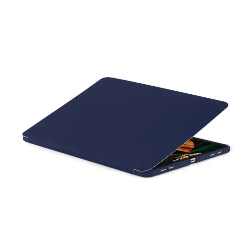 Navy blue iPad case with origami fold, partially open on the iPad; slim with cut-outs for ports and speakers along the edge.
