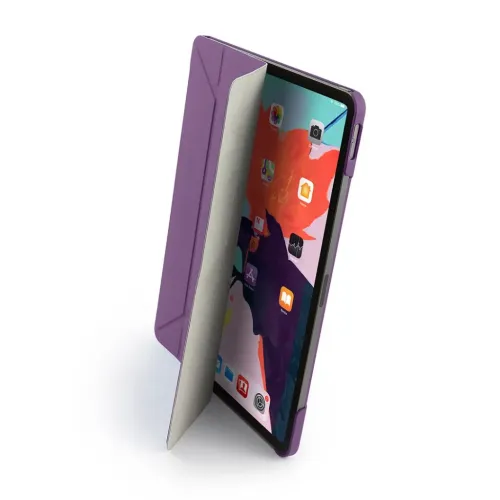 Pipetto Origami-Hülle für iPad Pro 12.9" in Lila, teilweise geöffnet mit Origami-Faltdeckel, innen hellgrau und mit freiliegenden Seitentasten.