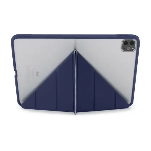 Pipetto Origami No1 Hülle für iPad Pro 11 Zoll in Dunkelblau, gezeigt mit faltbarem Ständer und Kameraaussparung