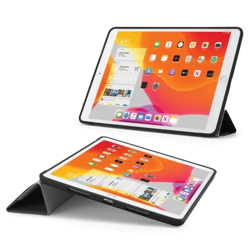Pipetto Origami iPad 10.2-fodral i svart med vikbart stativ, visat i upprätt och låg visningsposition