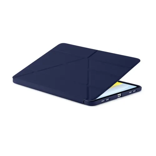 Pipetto Origami No1-fodral för iPad 10,9 tum i mörkblått, visas delvis öppet med vikbart skydd och iPad inuti