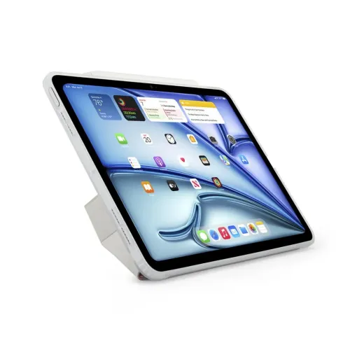Pipetto Origami case on iPad Air in landscape mode, triangle folded front as stand; cutouts for buttons and speakers.