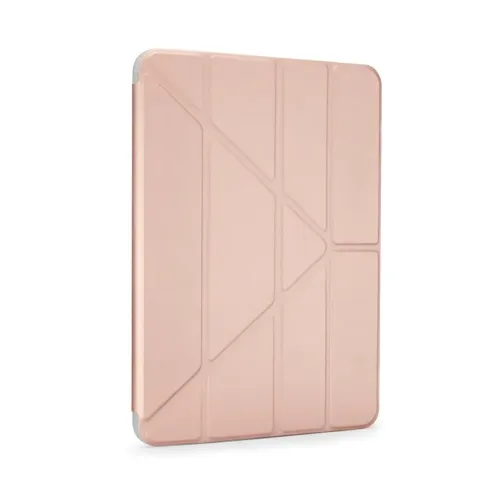 Pipetto Origami iPad case in metallic pink with folded front, rounded corners and transparent corners, closed from the back.
