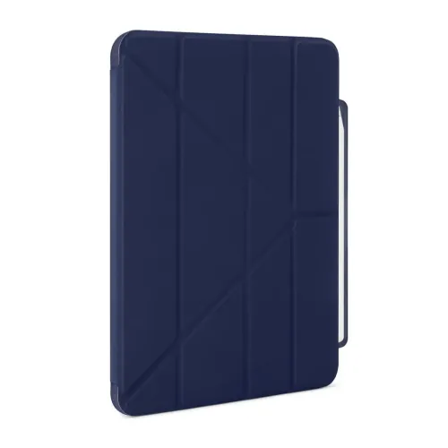 iPad case in dark blue with geometric origami folded lid and side-mounted pen holder, closed with rounded corners. Pen glimpsed in the holder.